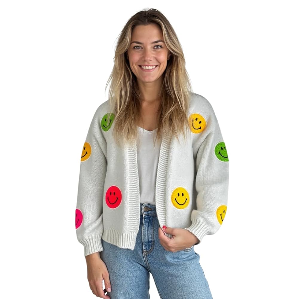 トップス Ameri LITTLE FUNNY FACE KNIT CARDIGAN Smiley Face Cardigan | Unisex Sweater | Smiley Sweater for